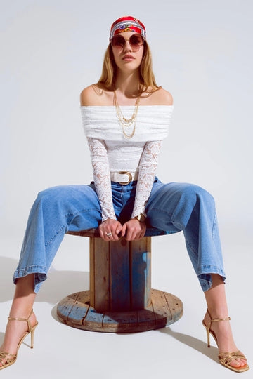 White Lace Bodycon Off the Shoulder Top